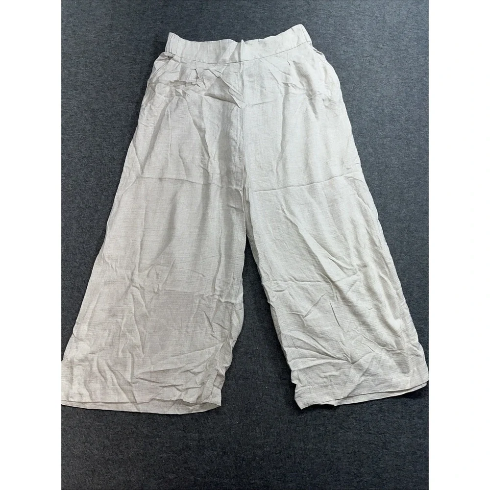 H&M Women's pants linen blend elastic waist size 10 Tan Wide Leg